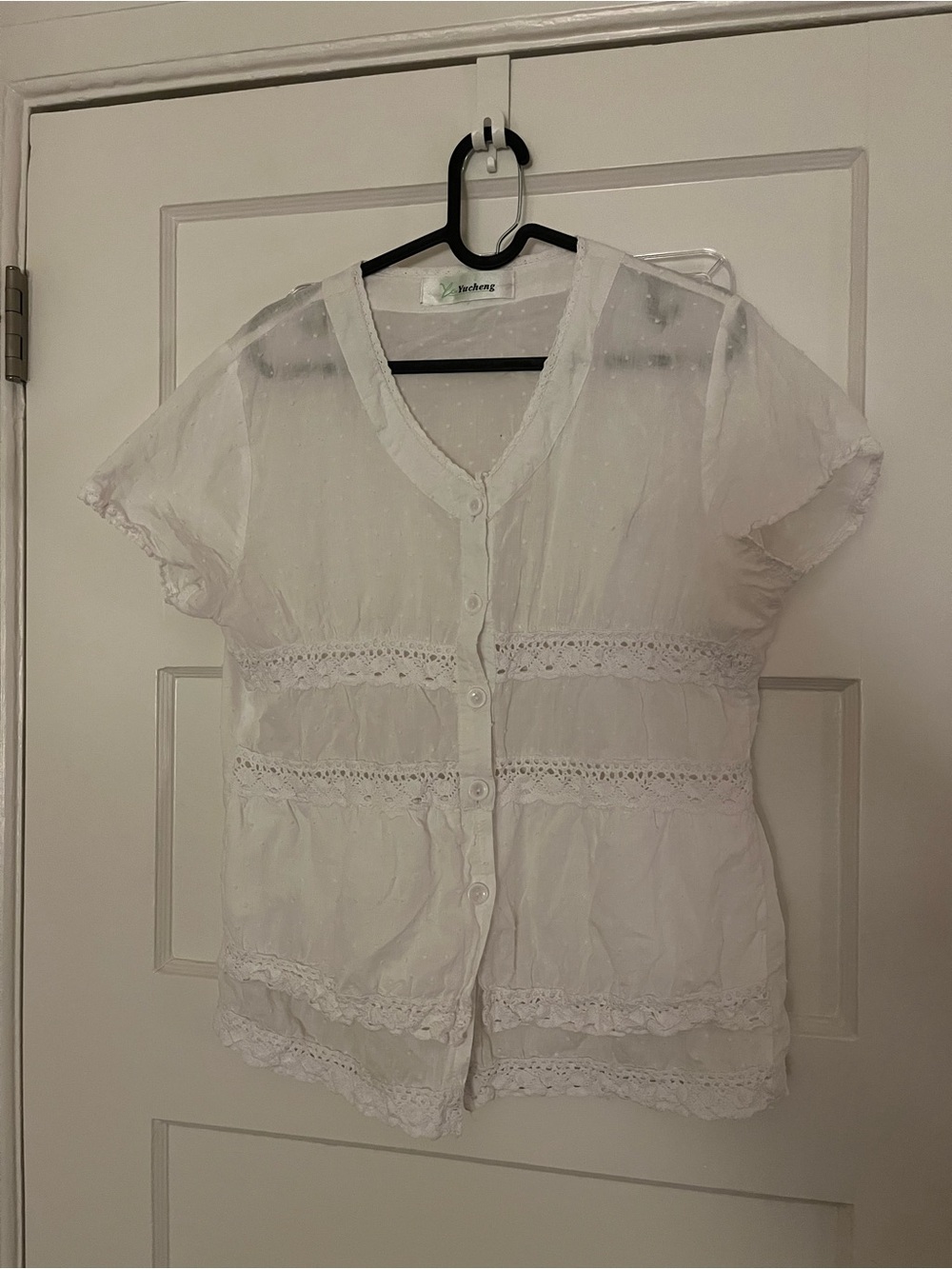 Lightweight White Button-Front Lace Trim Top